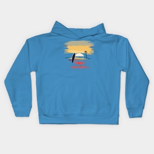 t-shirt design featuring a sunset over the ocean with a surfboard silhouette in the foreground, detailed illustration, and watercolor style. Kids Hoodie